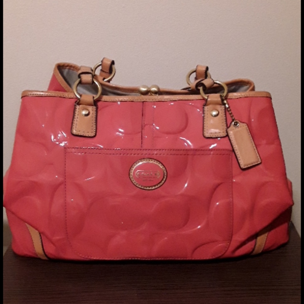 Coach large melon patent leather satchel handbag